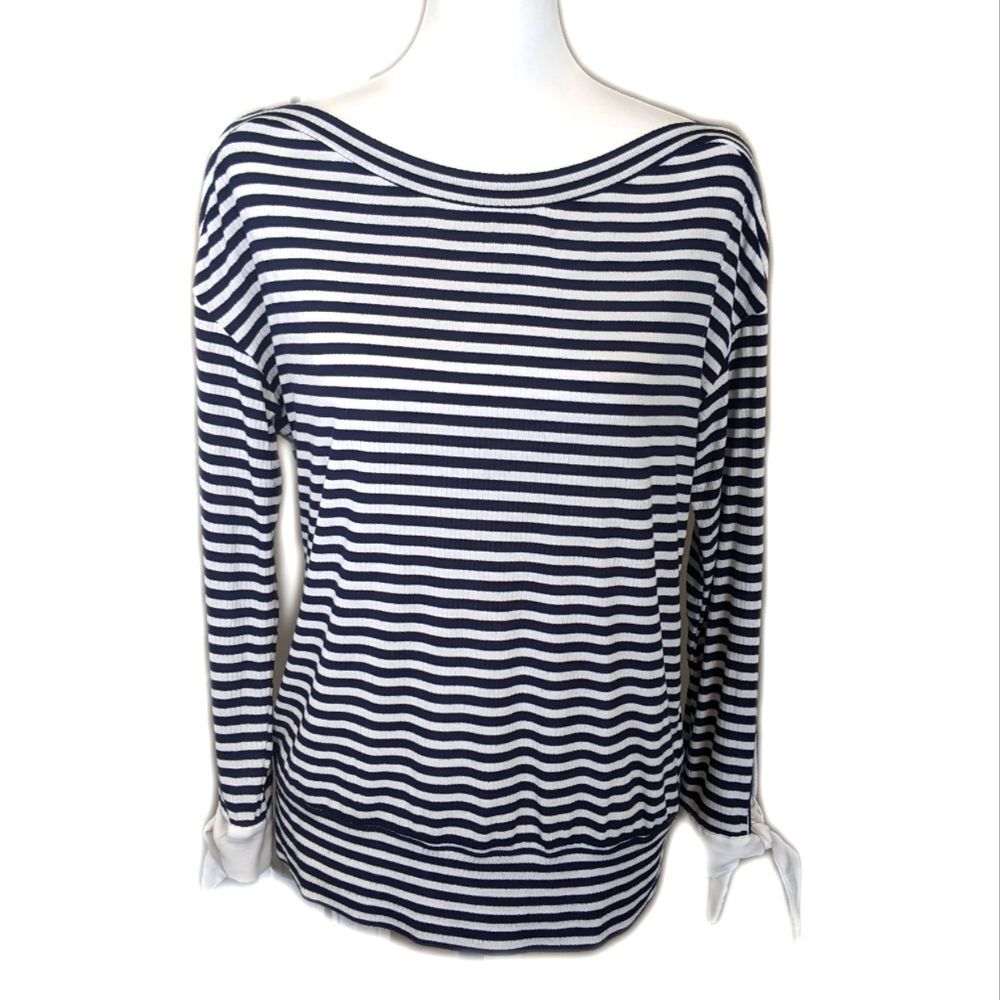 Stella & Dot lightweight white & navy blue striped boat neck sweater L